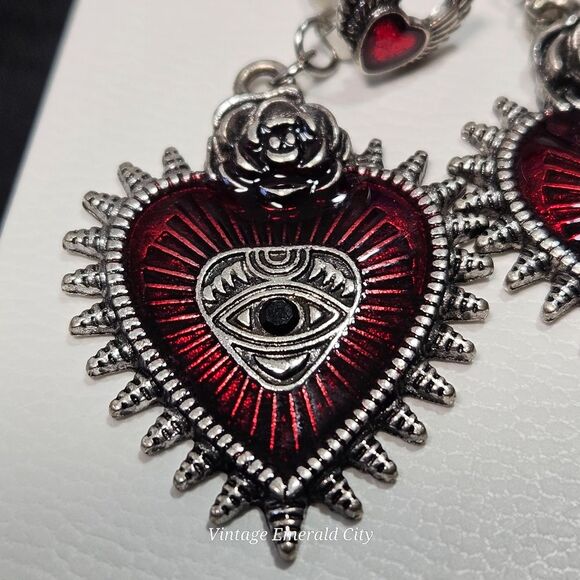 Love All Seing Dangle Earrings Rose & Heart Spikes Mystical Eye Red Enamel Goth - Picture 13 of 15